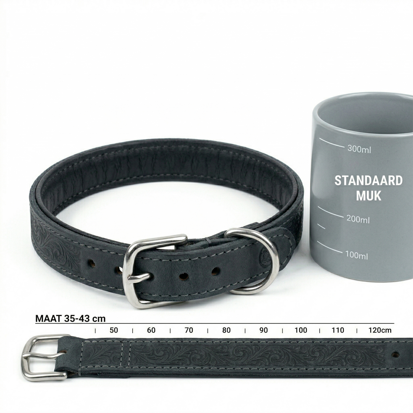 Sazzz Boho Vintage Hondenhalsband Breed Verstelbaar Leer | Antraciet 32-39x3cm