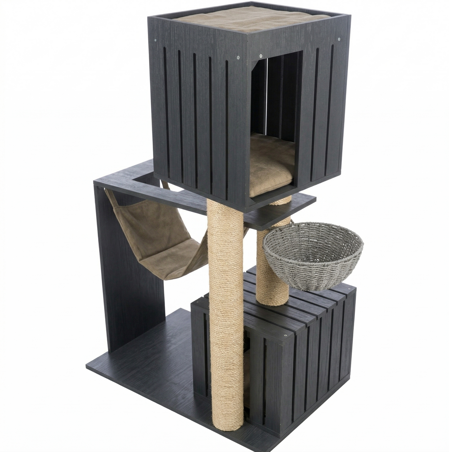 Trixie Be Nordic Krabpaal Freia Triplex Sisal met Hangmat & Relaxmand | Antraciet/Zand 70x58x123cm