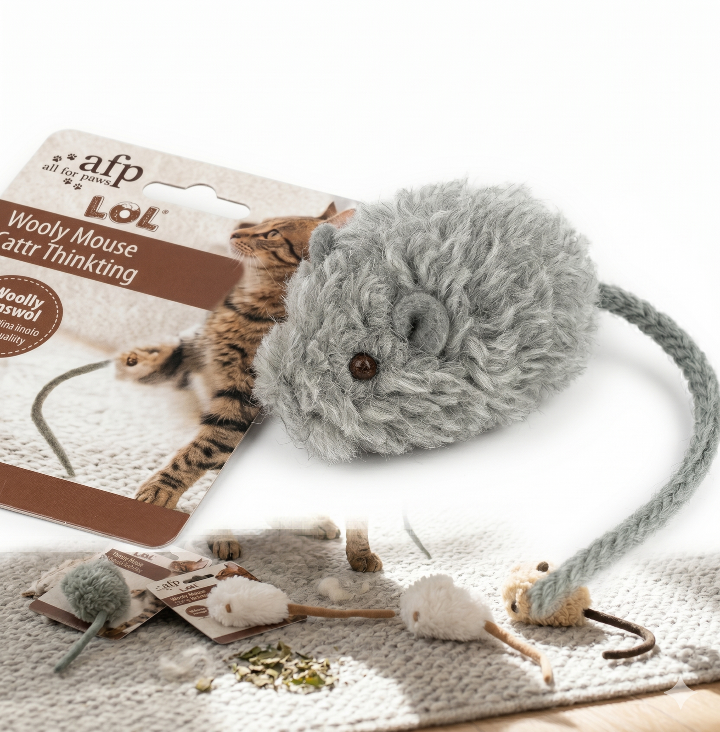 AFP Wooly Mouse Lamswol Kattenspeelgoed met Piep & Catnip | Assorti 7x7x3cm