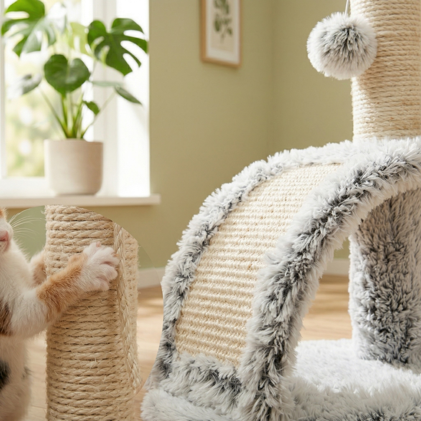 Trixie Junior Krabpaal Harvey Kitten met Massageborstel Jute & Pluche | Wit/Zwart 43cm