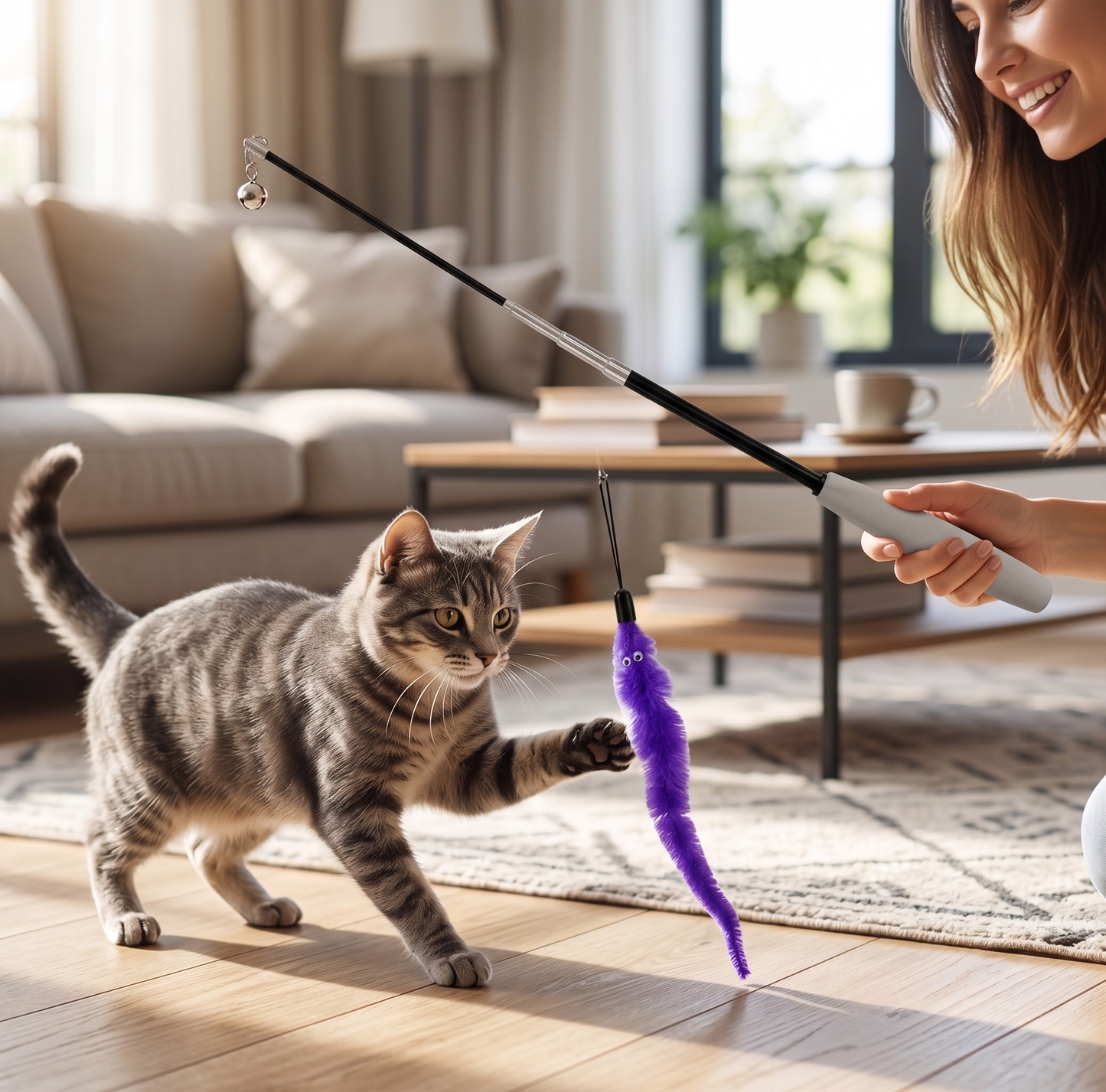 Easypets Uitschuifbare Kattenhengel Interactief Speelgoed met Worm | Paars 26-80cm