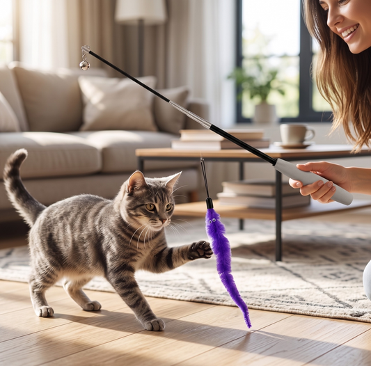 Easypets Uitschuifbare Kattenhengel Interactief Speelgoed met Worm | Paars 26-80cm