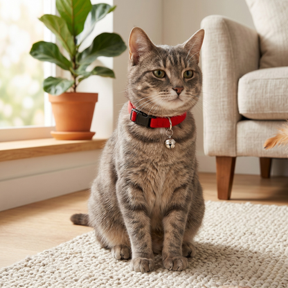 Kattenhalsband Nylon Uni met Wurgbeveiliging Belletje & Kliksluiting | Rood 20-30cm