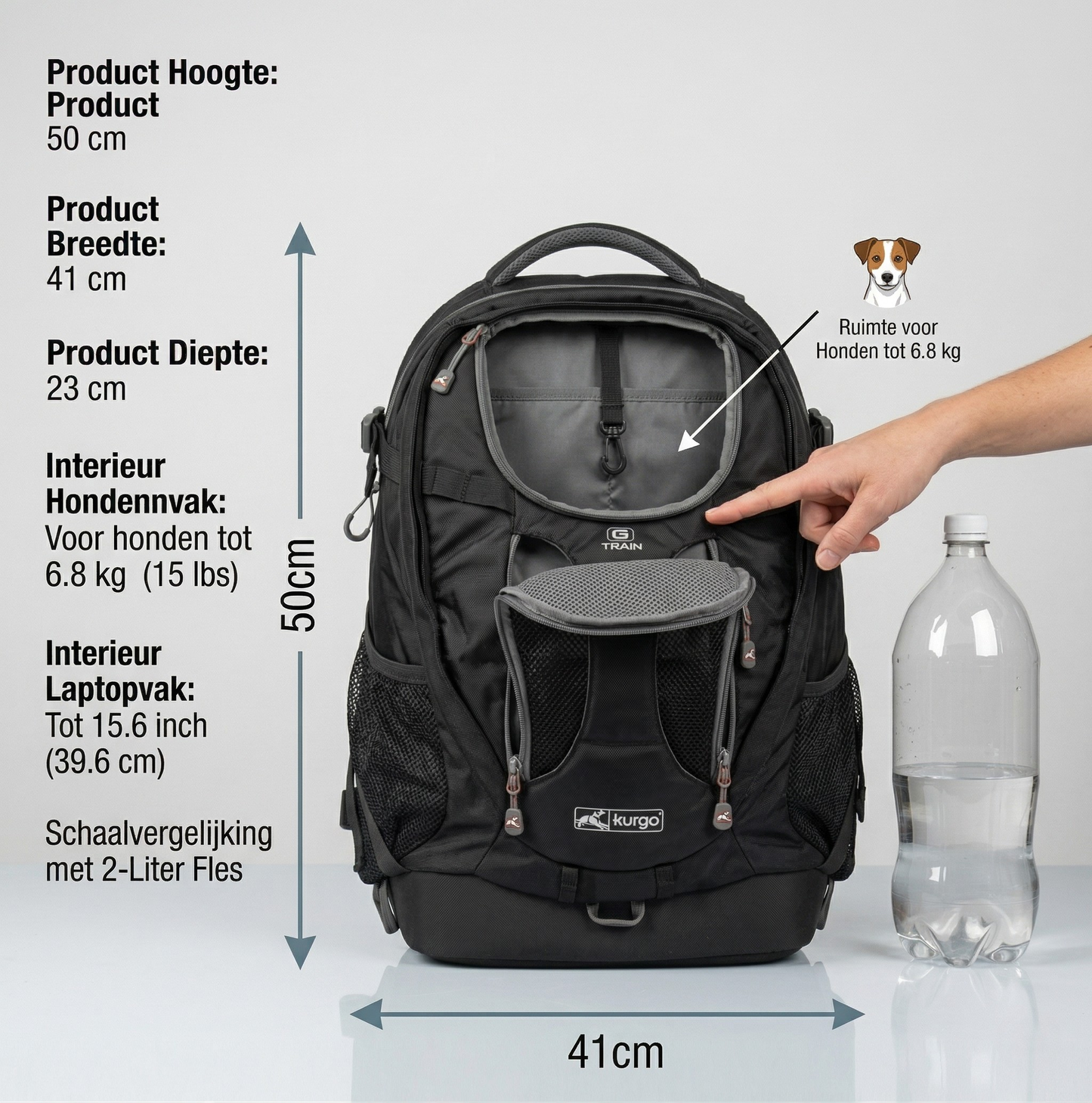Kurgo G-Train Hondenrugzak met Laptopvak en Hondenvak | Zwart 41x23x50cm