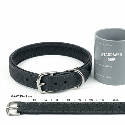 Sazzz Boho Vintage Hondenhalsband Breed Verstelbaar Leer | Antraciet 32-39x3cm