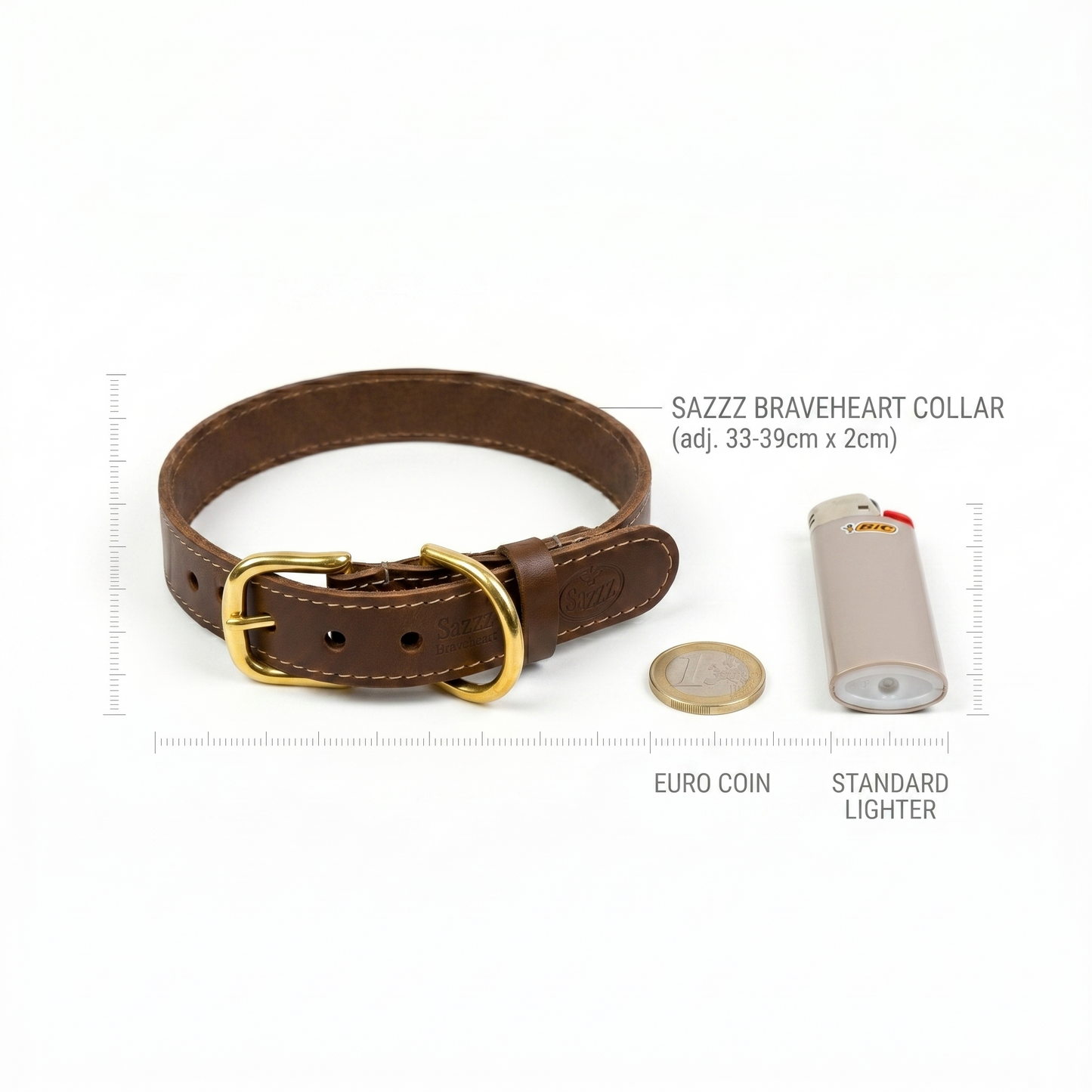 Sazzz Braveheart Classic Hondenhalsband Verstelbaar Leer | Zadel Bruin 33-39x2cm